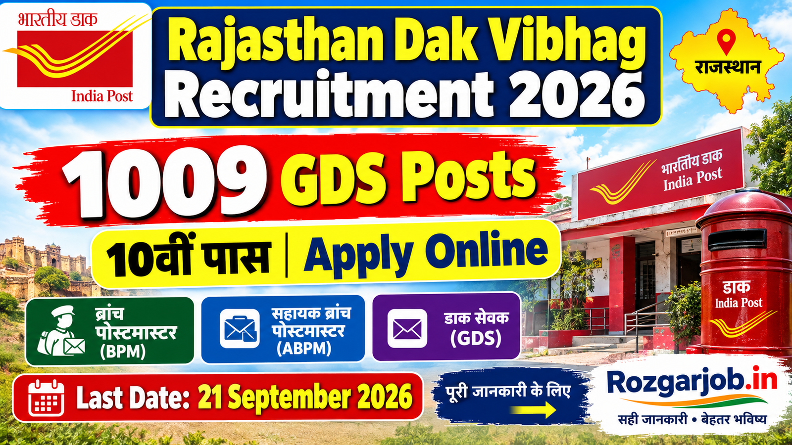 Rajasthan Dak Vibhag Recruitment 2026 – 1009 GDS Posts, 10वीं पास Apply Online