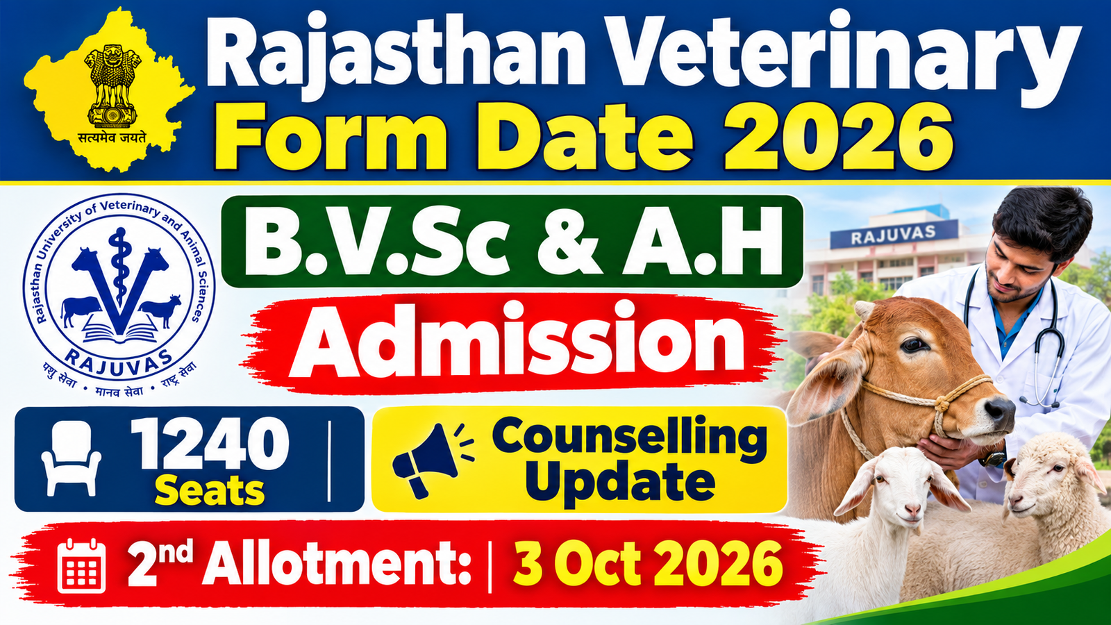 Rajasthan Veterinary Form Date 2026, B.V.Sc & A.H Admission, 1240 Seats, Counselling Update and 2nd Allotment 3 Oct 2026