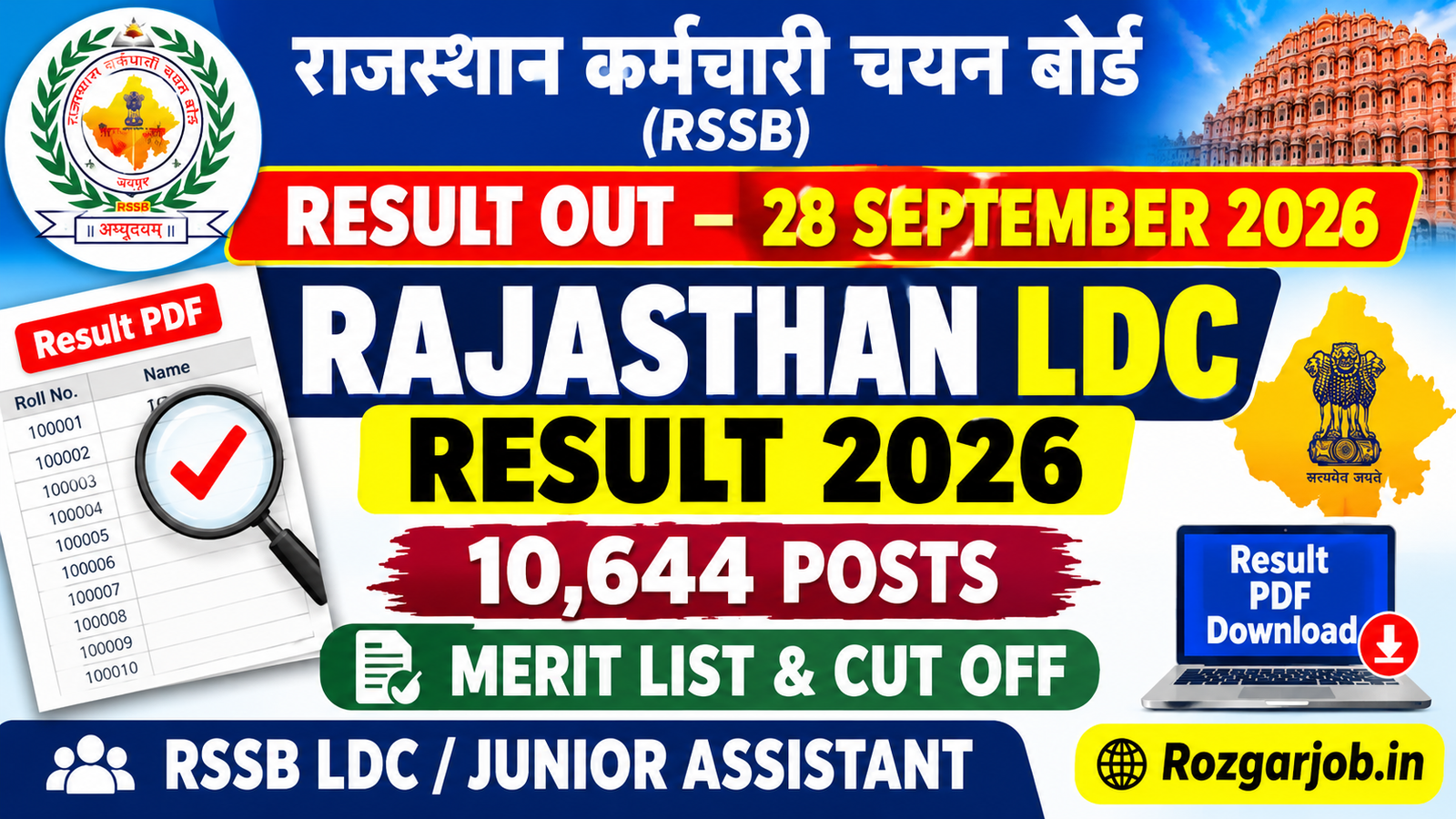 Rajasthan LDC Result 2026 – 10,644 Posts Merit List and Cut Off