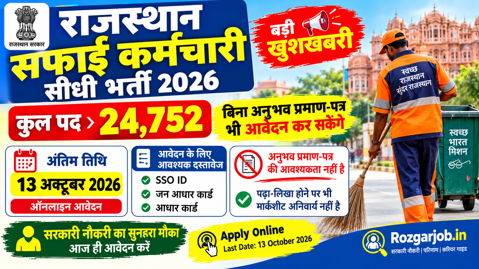 Rajasthan Safai Karmchari Recruitment 2026 24752 Posts Without Experience Certificate