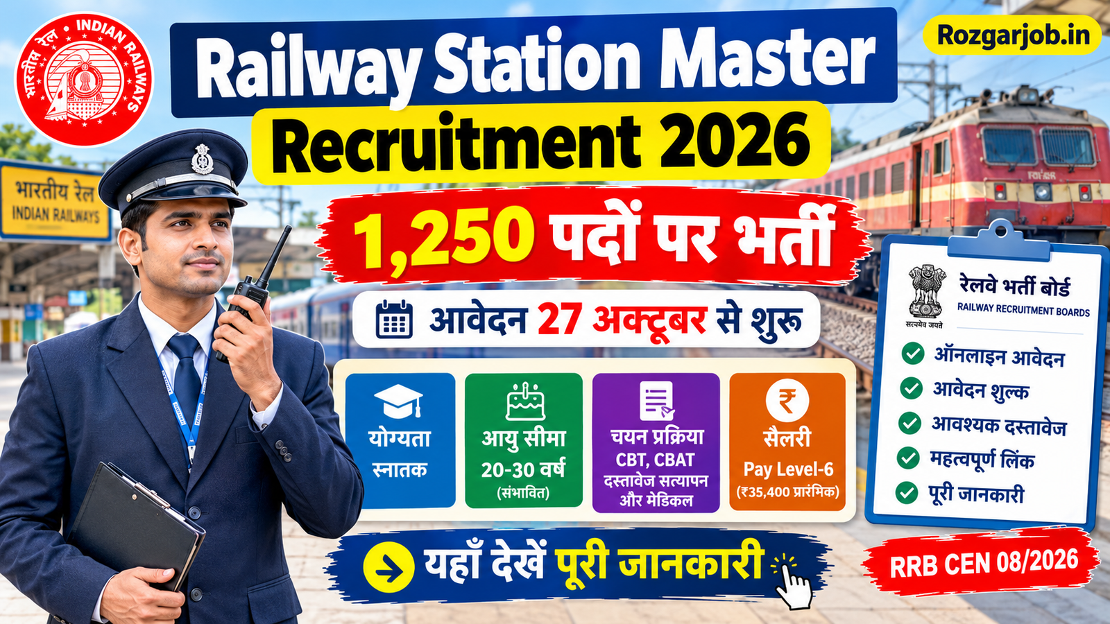 Railway Station Master Recruitment 2026 की 1250 पदों पर भर्ती, आवेदन तिथि, योग्यता, आयु सीमा, चयन प्रक्रिया और सैलरी की जानकारी – Rozgarjob.in