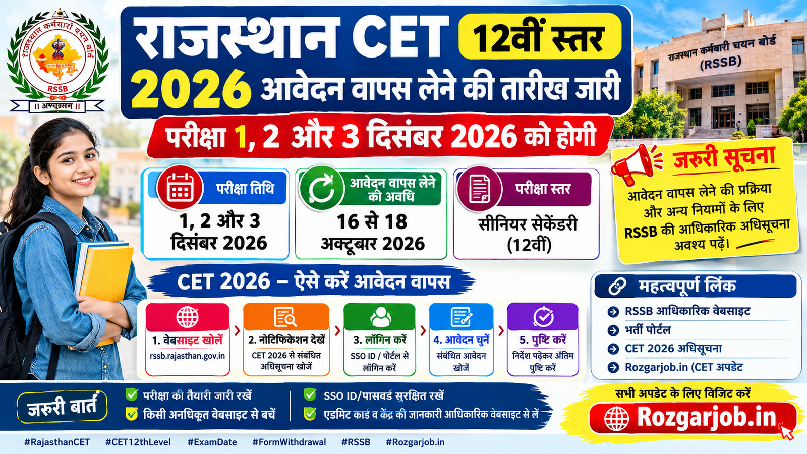Rajasthan CET Senior Secondary Level 2026 परीक्षा तिथि 1 से 3 दिसंबर और आवेदन वापस लेने की तारीख 16 से 18 अक्टूबर – Rozgarjob.in