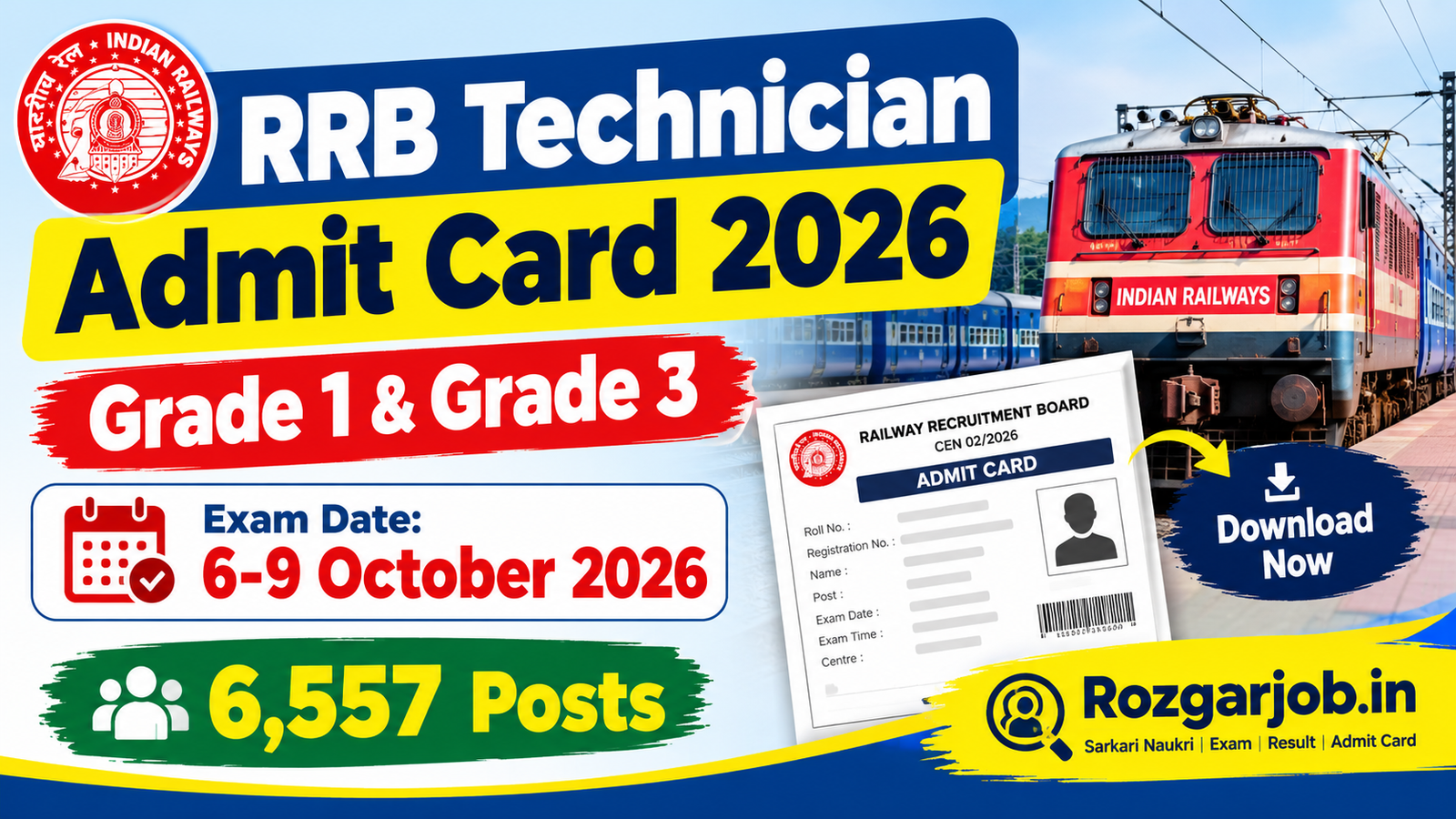 RRB Technician Admit Card 2026 Grade 1 Grade 3 Exam Date 6 to 9 October